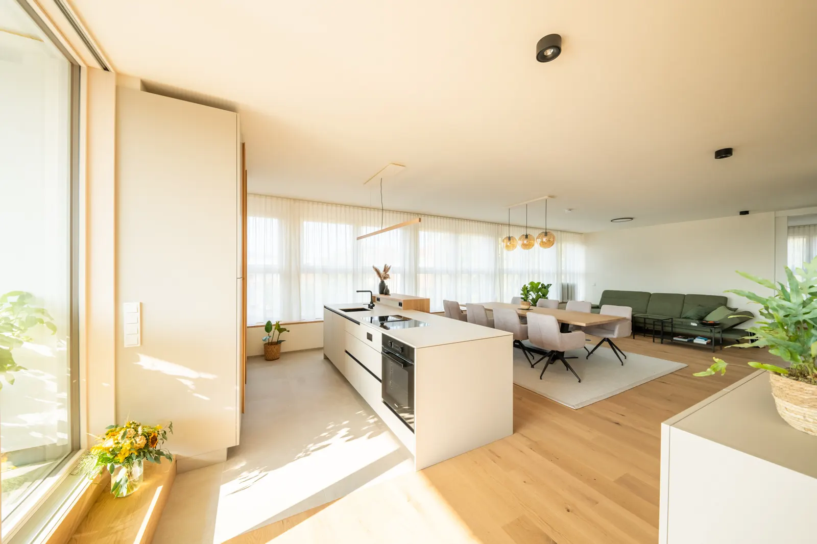 Open kitchen with island and pendant lights
