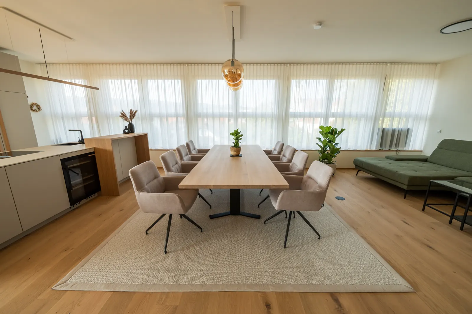 Living area with dining table, rug and sofa